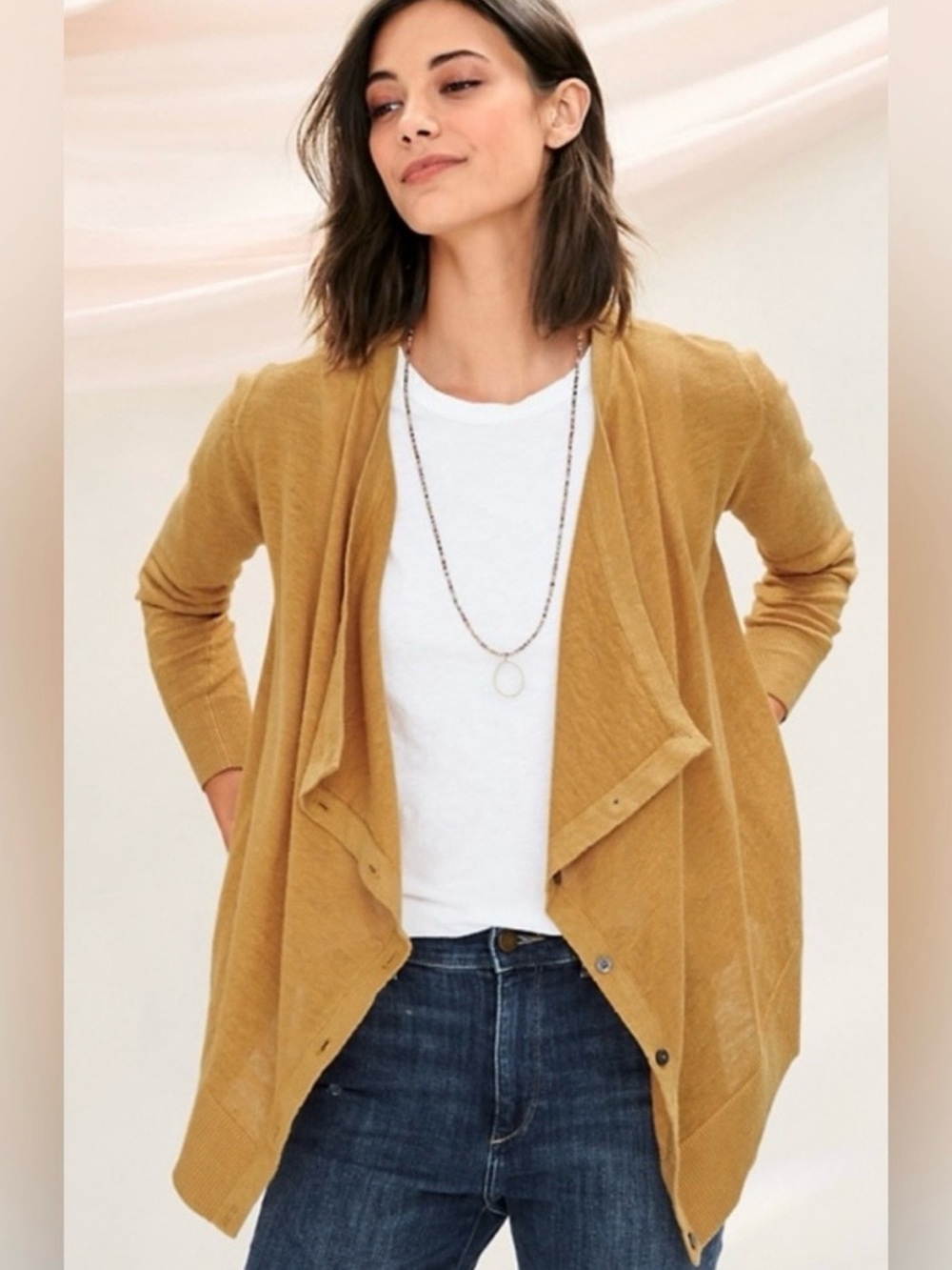Garnet Hill Linen Golden Mustard Button-Front Draped Cardigan size large 💛